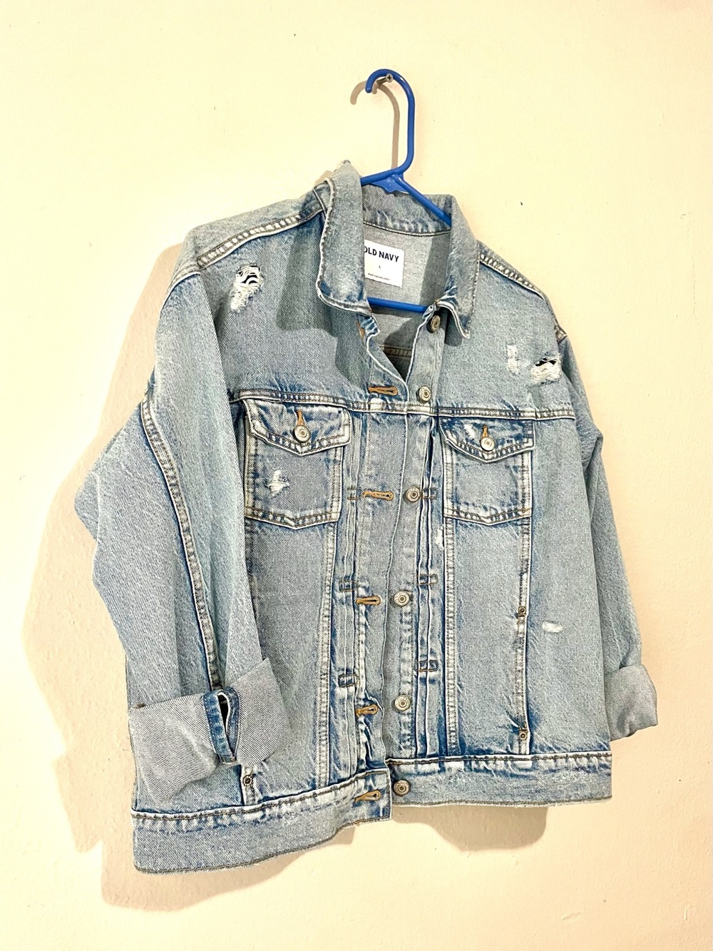 Old Navy Denim Jacket L Distressed Blue Classic Trucker Streetwear Light Wash - Picture 3 of 7